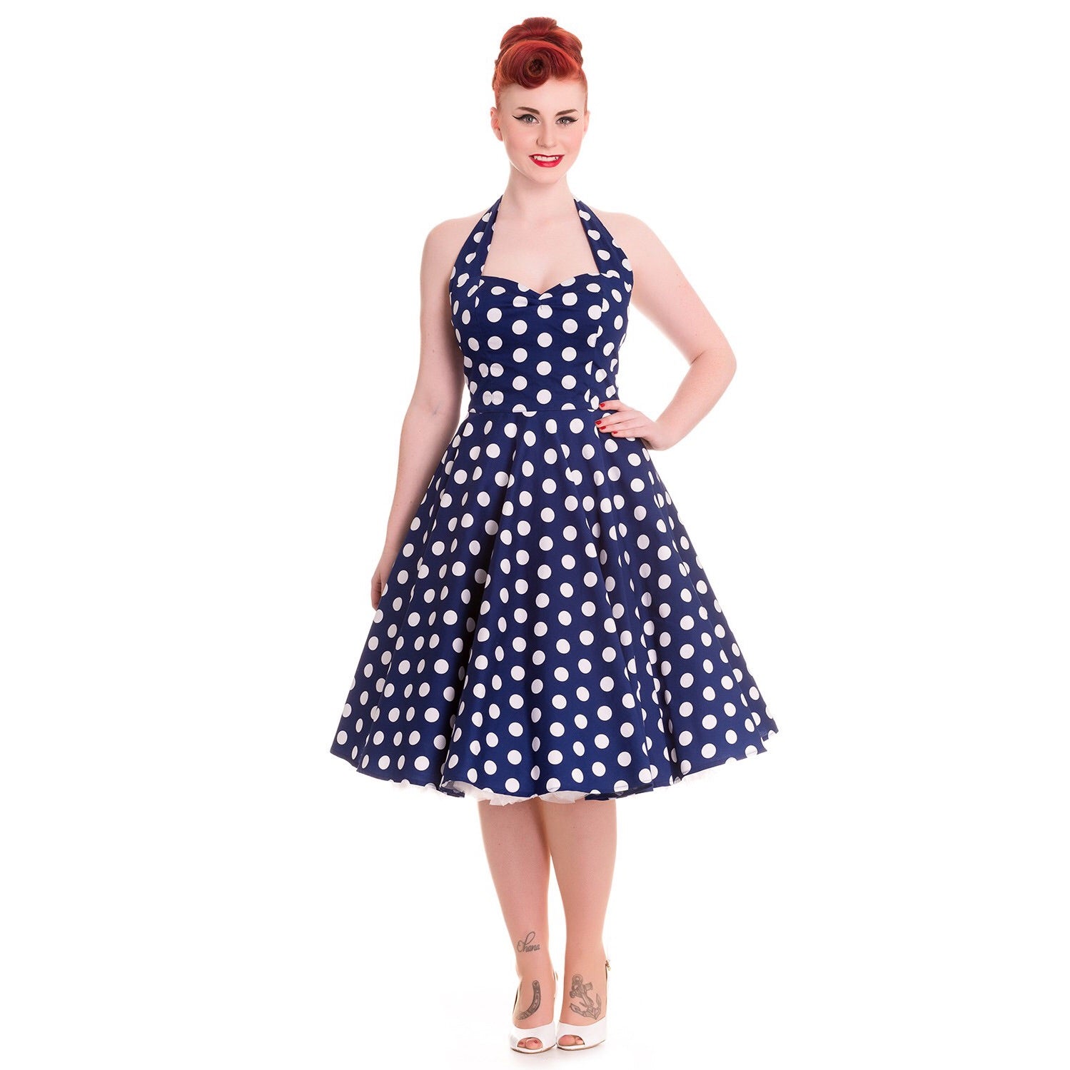 navy dress with polka dots