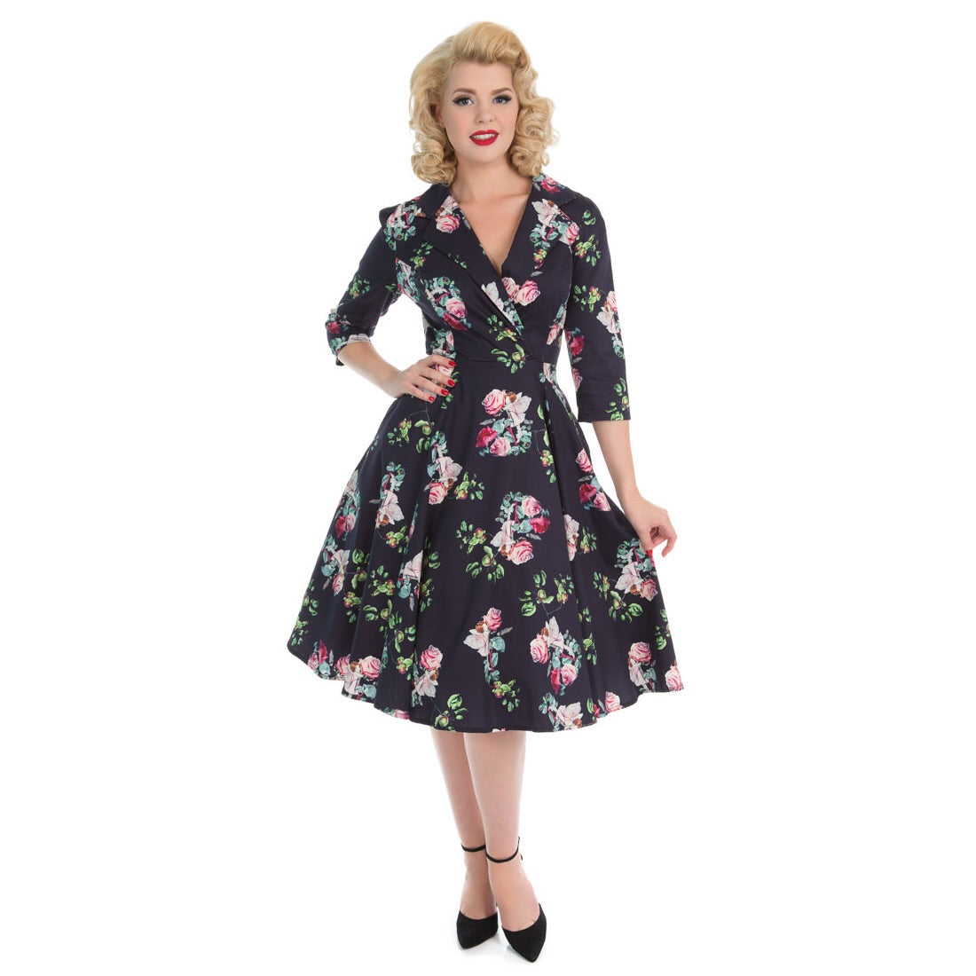 Navy Floral Print 3/4 Sleeve Shawl Collar V Neck 50s Swing Tea Dress ...