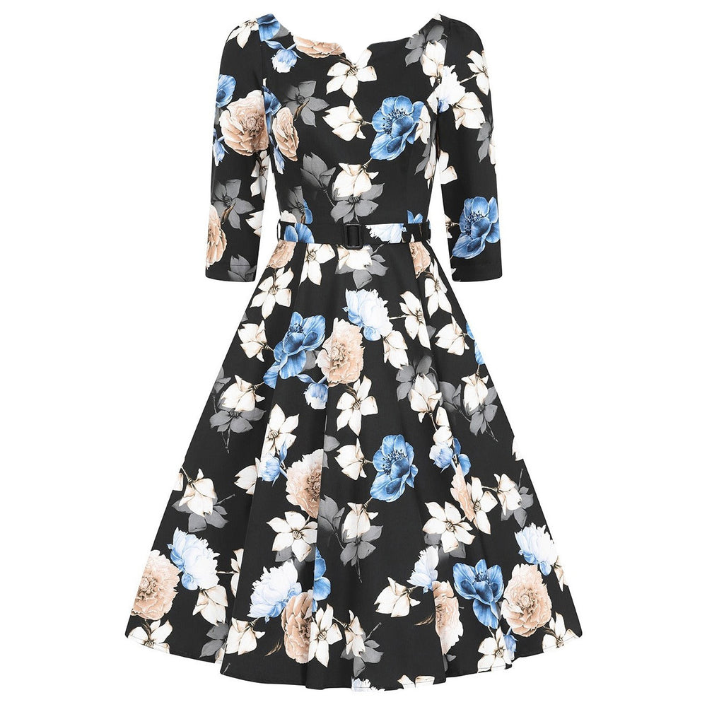 Winter Floral Print 3/4 Sleeve Belted 50s Swing Dress With Pockets