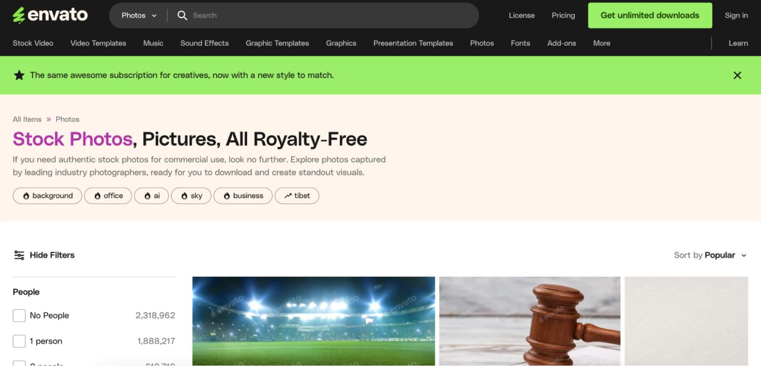 Целева страница за стокови снимки в Envato Market.