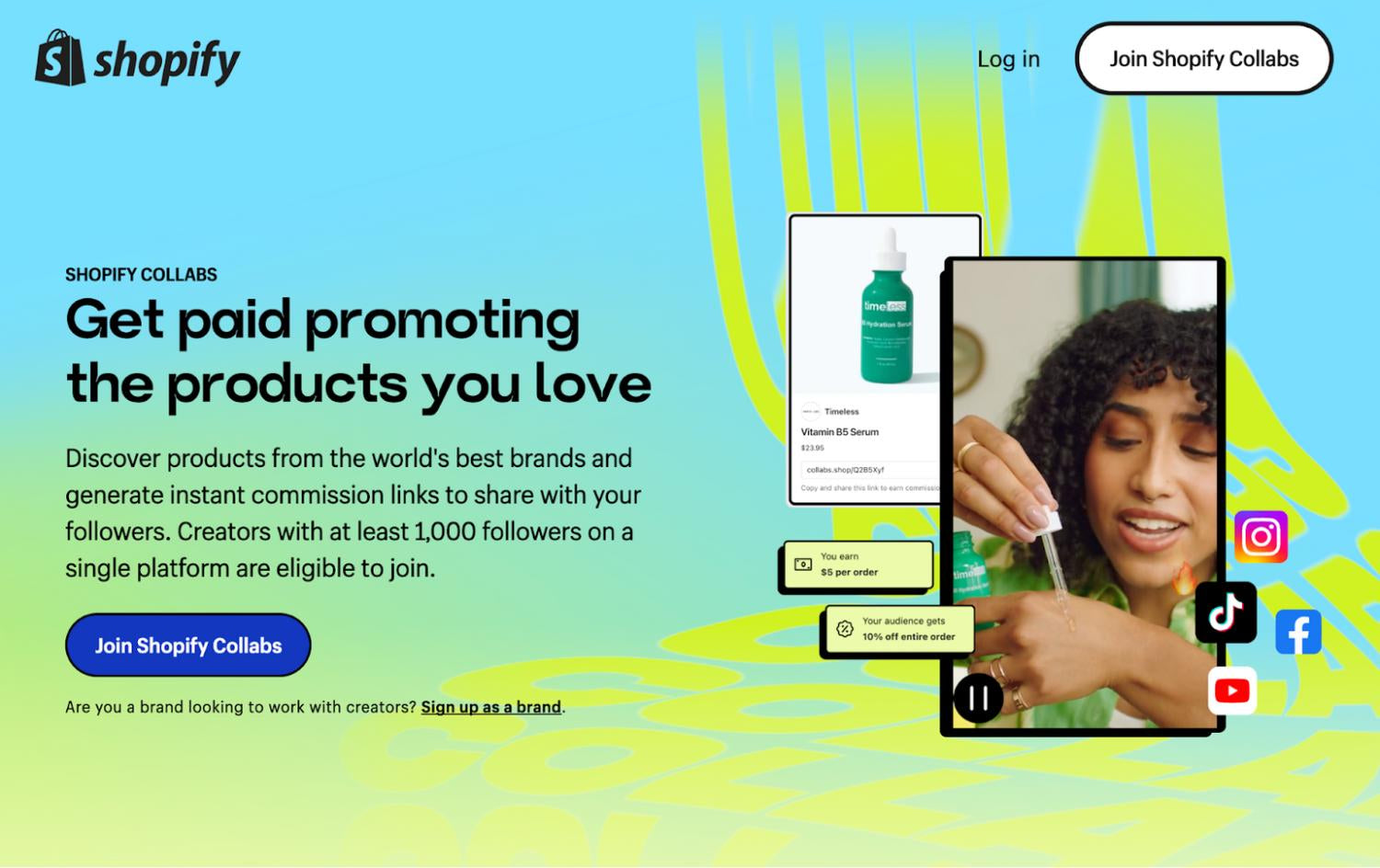 Екранна снимка на Shopify със син фон и жълти дизайни и изображение на жена.