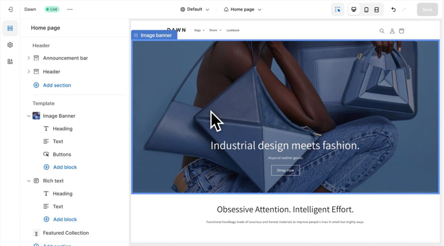 Το θέμα Dawn του Shopify χρησιμοποιεί το εργαλείο δημιουργίας καταστήματος Shopify