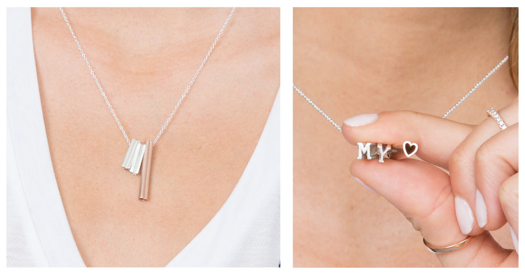 A necklace that says 'MY love' with a Heart pendant being worn by a woman.