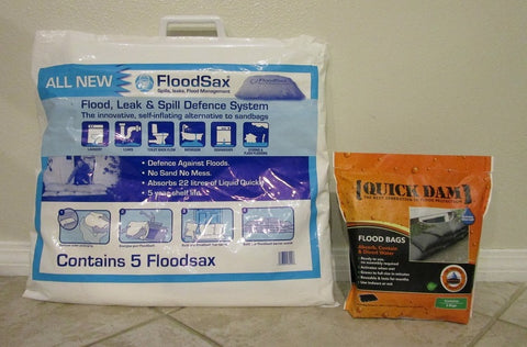 quick dam sandless sandbags 6 pack vs. FloodSax flood sack 5 pack