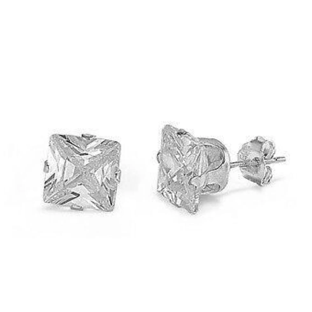 Earrings $16569.00 3 Carats Princess Cut Clear CZ Stud in 9mm Sterling Silver Earrings clear cubic-zirconia cz earrings over-500