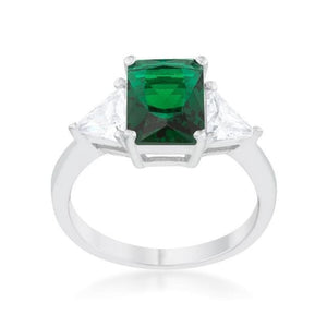 Classic Emerald Green Sterling Silver Three Stone Engagement Ring JGI