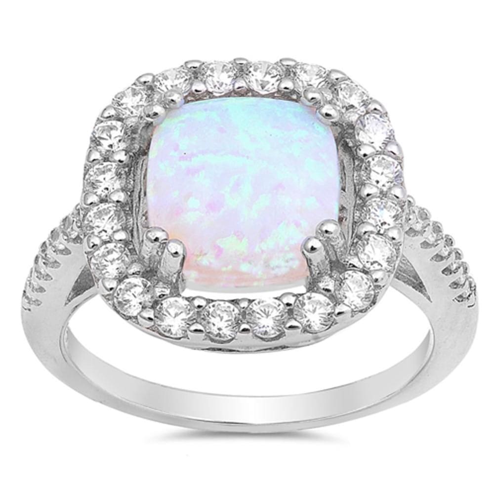 Rings - White Cushion Cut Opal Halo CZ Engagement Ring Sterling Silver ...
