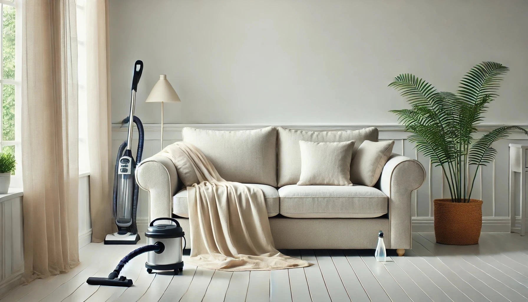 Salon impeccable avec un canapé protégé par une housse bien entretenue, un aspirateur et un spray de nettoyage à proximité.