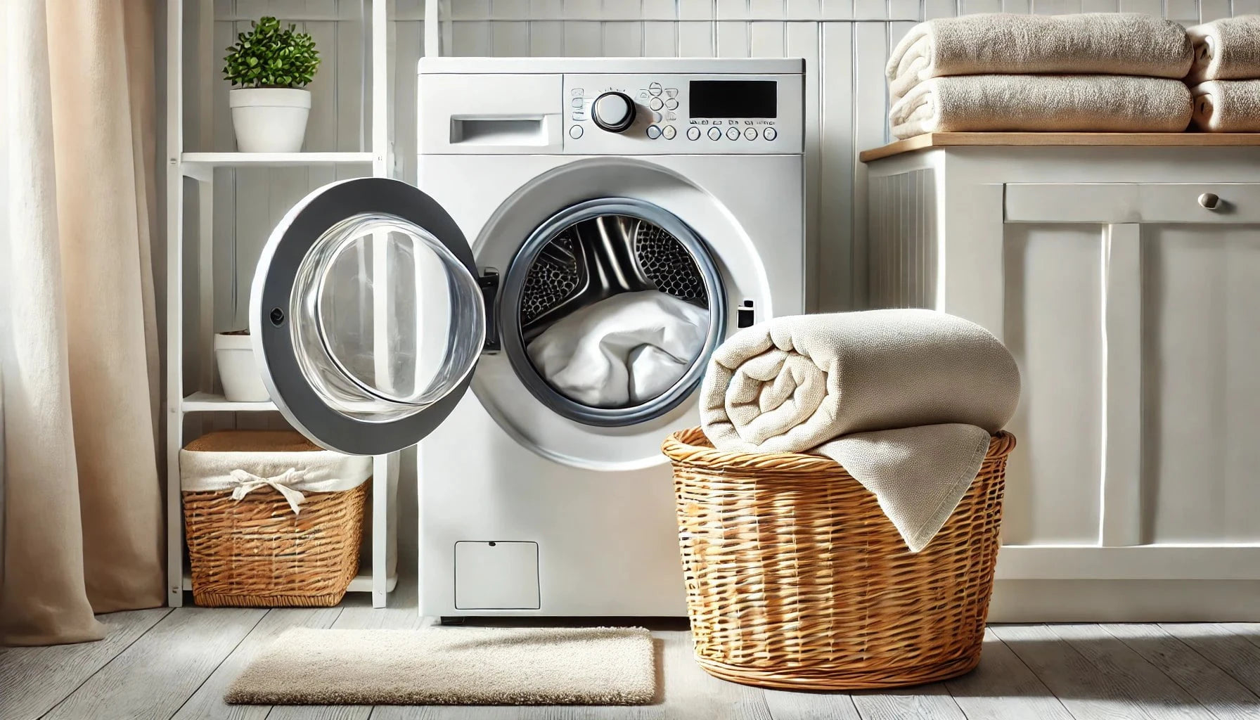 Buanderie lumineuse avec une housse de clic-clac propre dans une machine à laver ouverte, accompagnée d’un panier de linge frais.