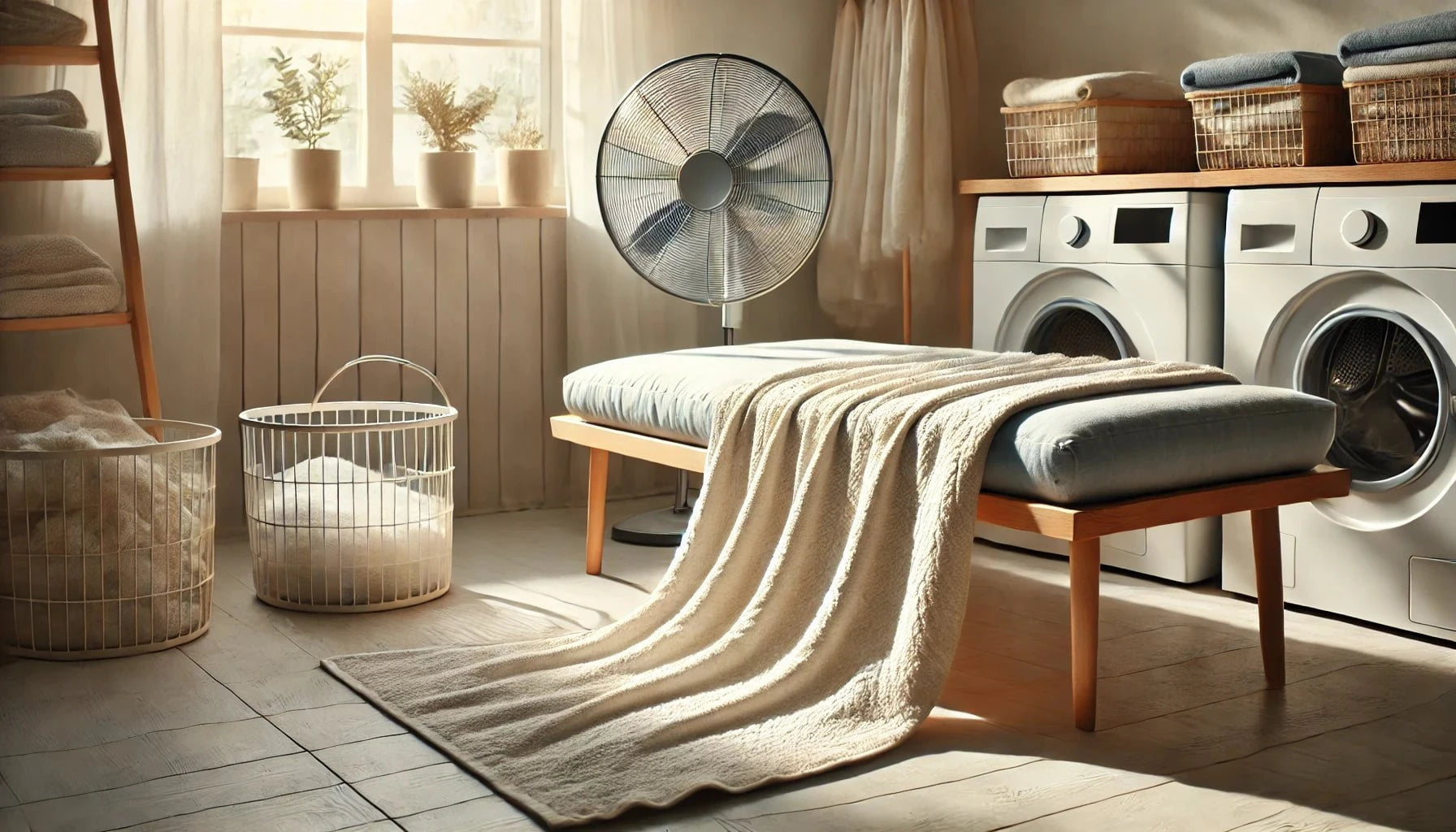 Housse de clic-clac étendue sur une serviette propre dans un espace lumineux avec un ventilateur aidant au séchage.