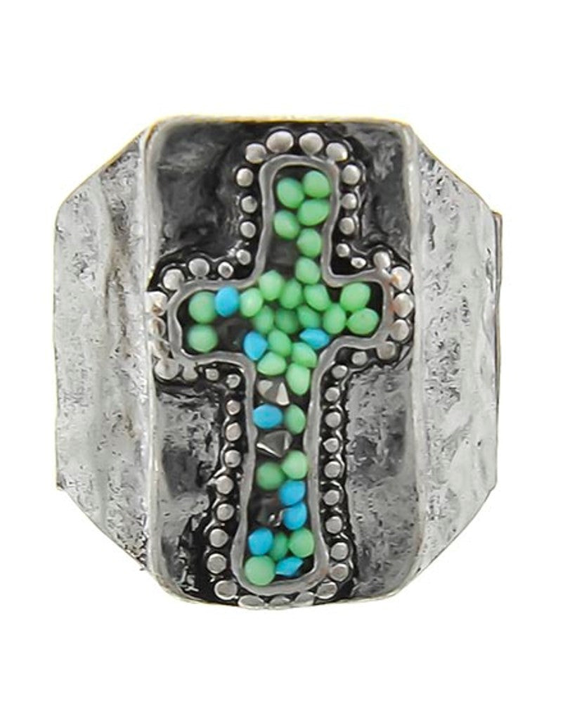 Turquoise Seed Bead Stretch Cross Ring