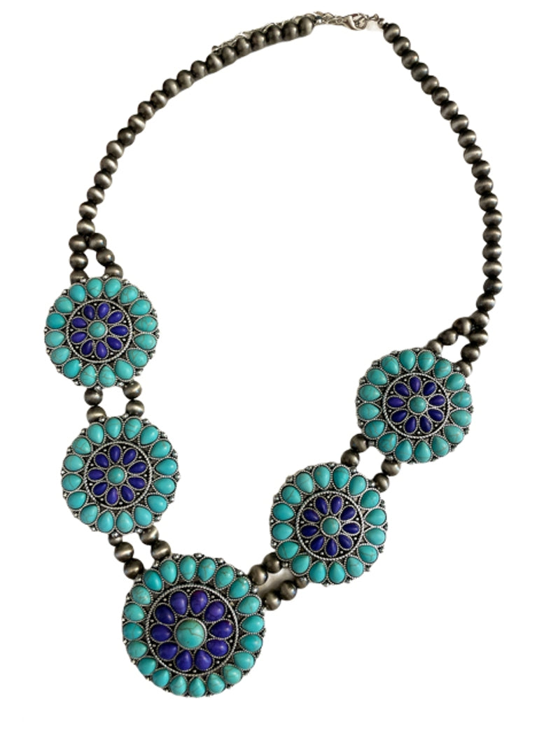 Turquoise and Blue Squash Blossom Necklace