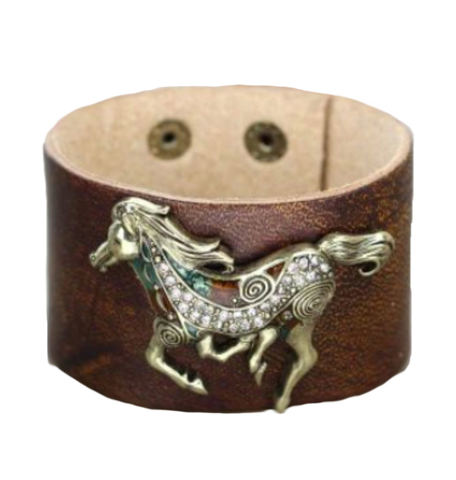 Rhinestone Running Horse Leather Bracelet