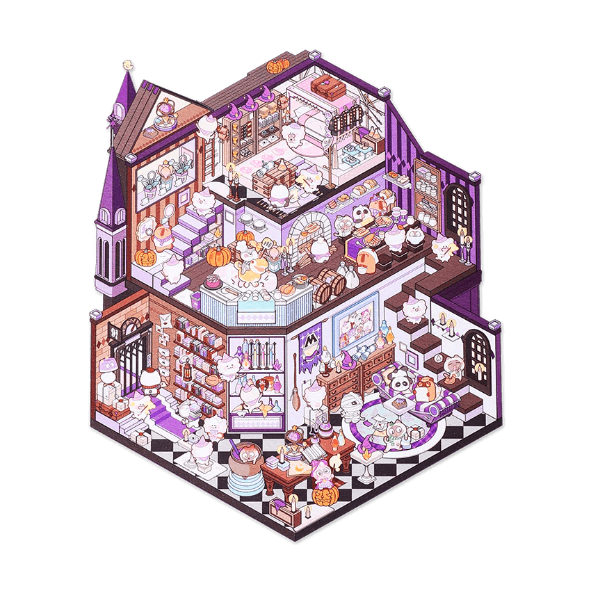 THREE-STORY MAGIC ACADEMY WITH TINY ANIMAL STUDENTS