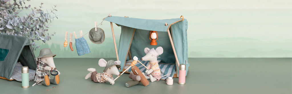maileg camping mice sitting outside their tent