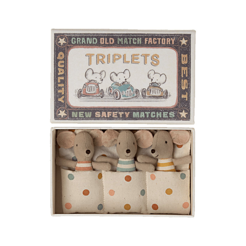maileg-baby-triplet-mice-in-striped-babygrows-with-spotty-bedding-in-a-matchbox