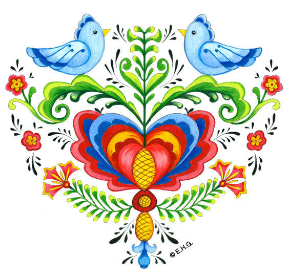 Ceramic Heart Tile Magnet: Lovebirds & Rosemaling