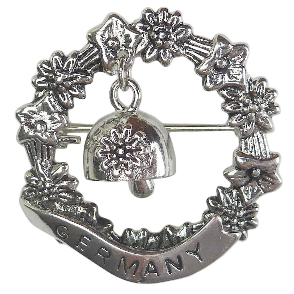 German Edelweiss Medallion Metal Hat Pin w/  Hanging Cow Bell