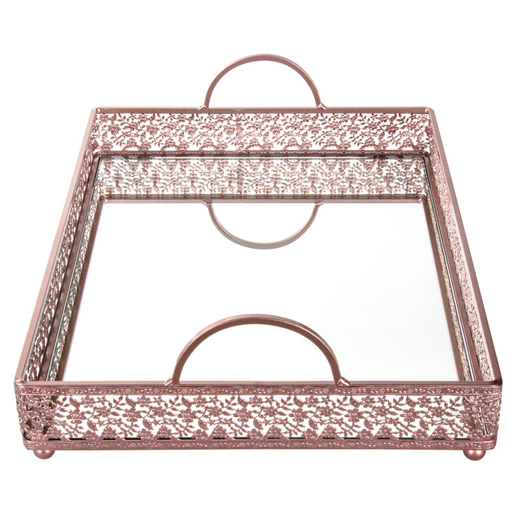 Large Rose Gold Rectangular Mirror Top Serving Tray Amalfi Decor