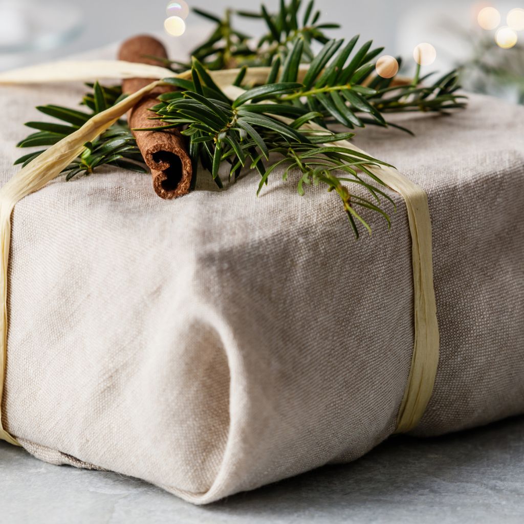 Image features a holiday present wrapped with sustainable gift wrapping