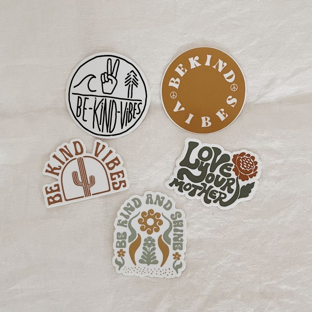 Hero image featuring 5 stickers from Be Kind Vibes that promote kindness and compassion toward people and the planet.