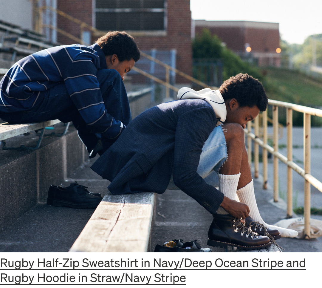 Rugby Half-Zip Sweatshirt in Navy/Deep Ocean Stripe and Rugby Hoodie in Straw/Navy Stripe