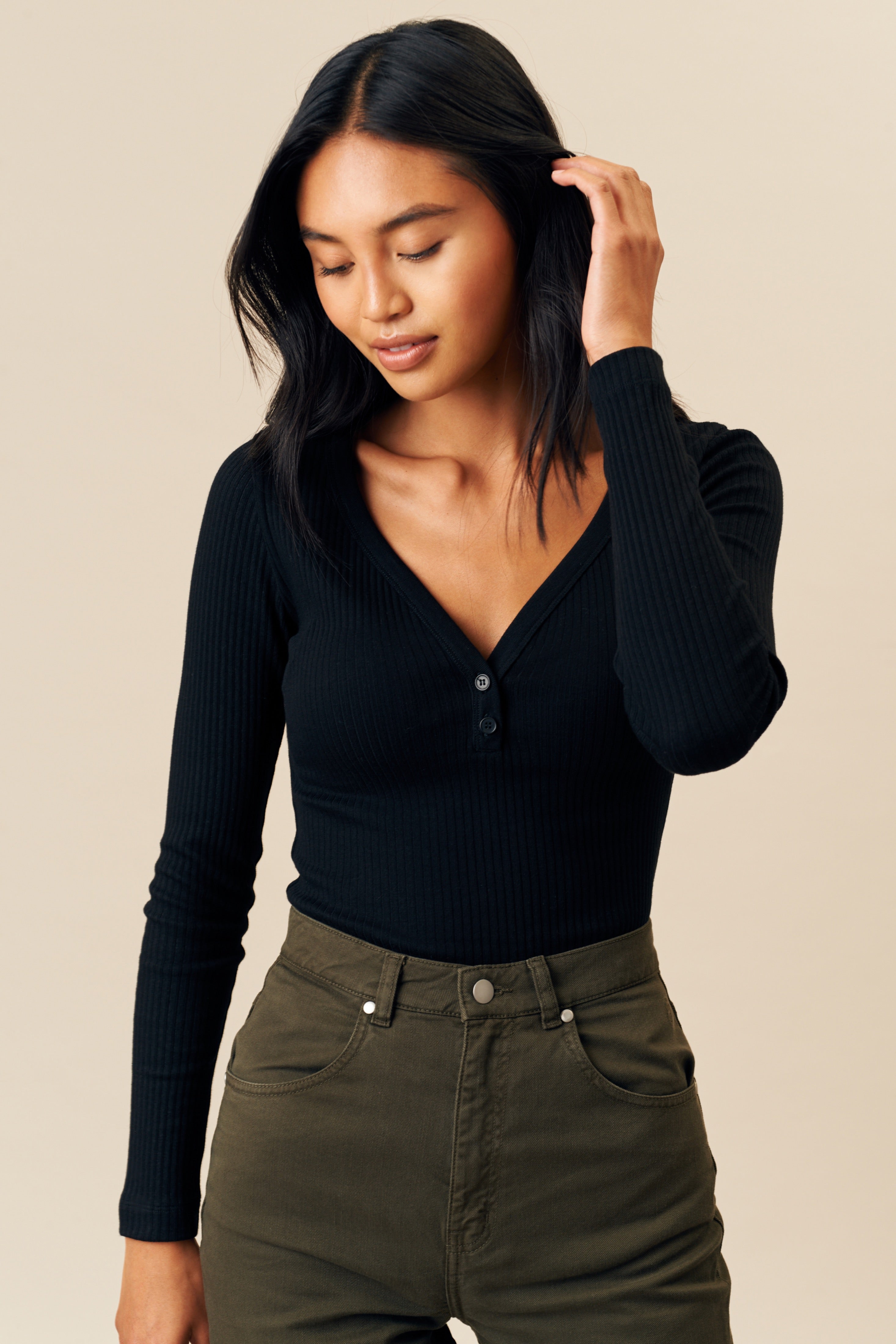 Cotton Blend Ribbed Henley Top