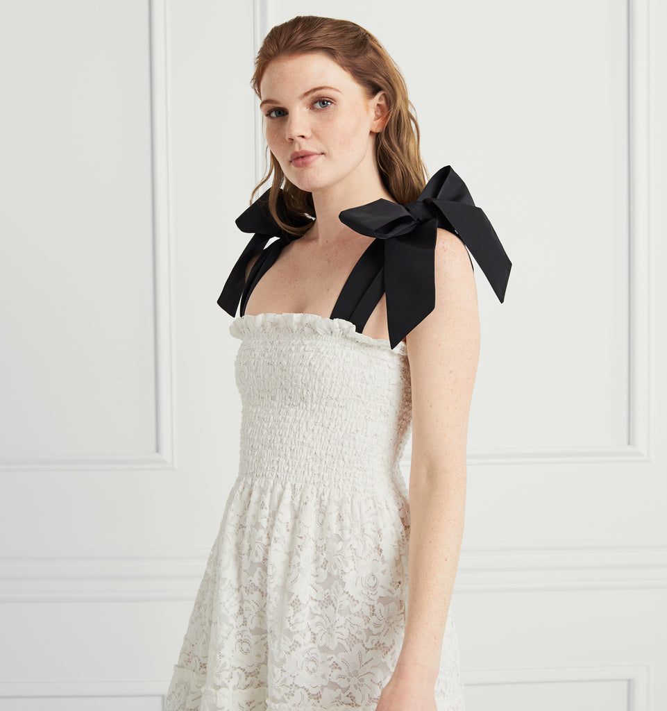The Lace Ribbon Ellie Nap Dress - White Lace with Black Ribbon