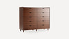 Mid-century style wooden dresser with ten drawers, dark brown finish, and recessed handle cutouts, standing on cylindrical legs.