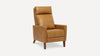 Mid-century modern tan leather armchair with high backrest, cushioned seat, and wooden legs on white background.