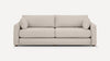 Modern beige fabric three-seater sofa with cushioned backrest, armrests, and two round throw pillows, set on small wooden legs.