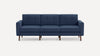 Mid-century modern navy blue fabric sofa with three cushioned seats, button tufted backrests, and wooden tapered legs.