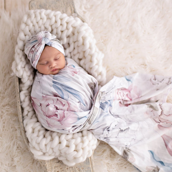 Baby Blanket - Peony with matching Turban