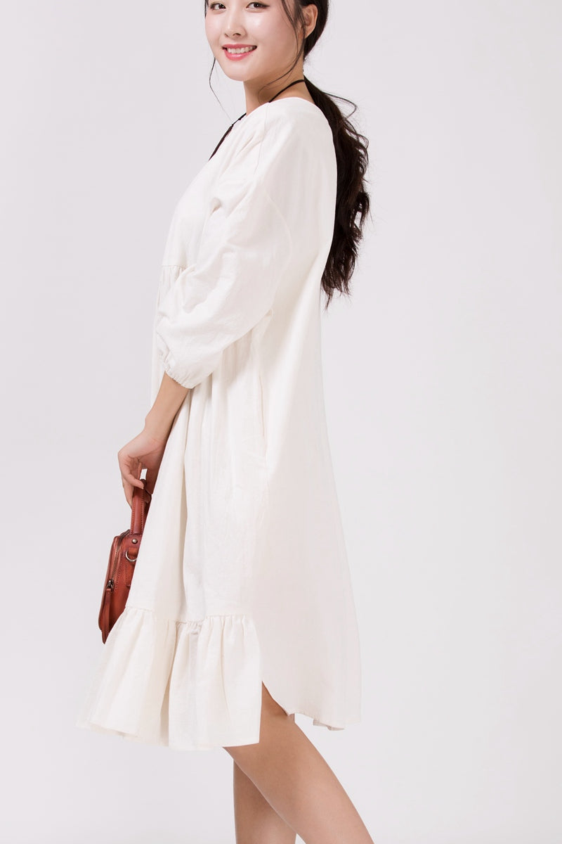 Women White Cotton Linen Bat Sleeve Round Neck Loose Dress– FantasyLinen