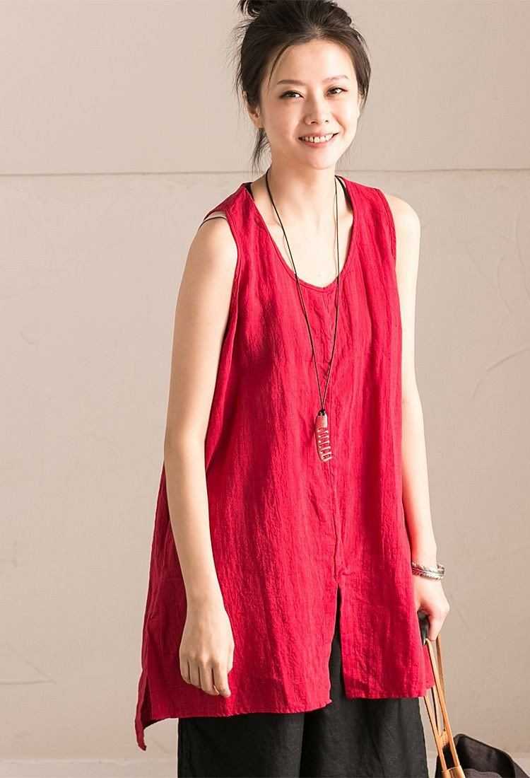Red Cotton Linen Sleeveless Casual Long Shirt Summer and Spring For Wo ...