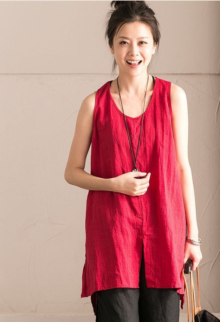 Red Cotton Linen Sleeveless Casual Long Shirt Summer and Spring For Wo ...