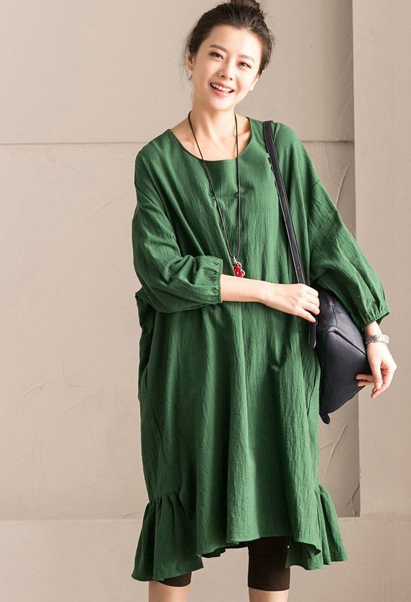  Green  Korean  Style Cotton Linen Falbala Bat Sleeve Round 