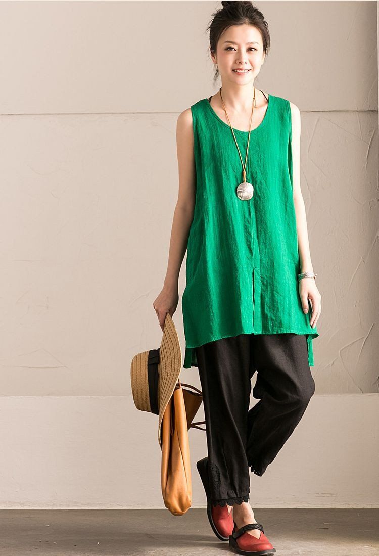 Light Green Cotton Linen Sleeveless Casual Long Vest Summer For Women ...