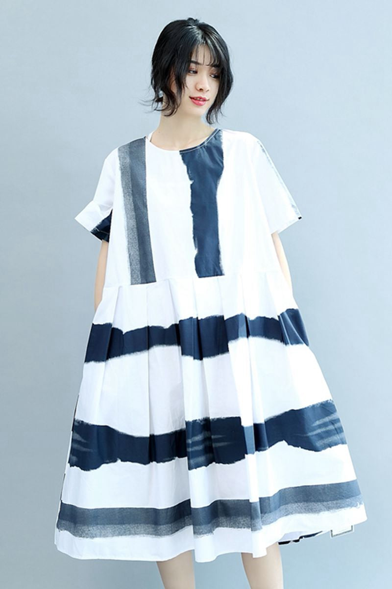 Round Neck Blue White Wide Stripe Women Summer Cotton Casual Loose Fit ...