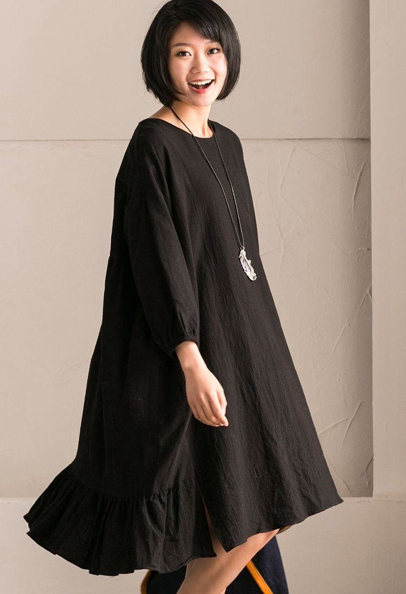 Black Korean Style Cotton Linen Falbala Bat Sleeve Round Neck Loose Wo ...