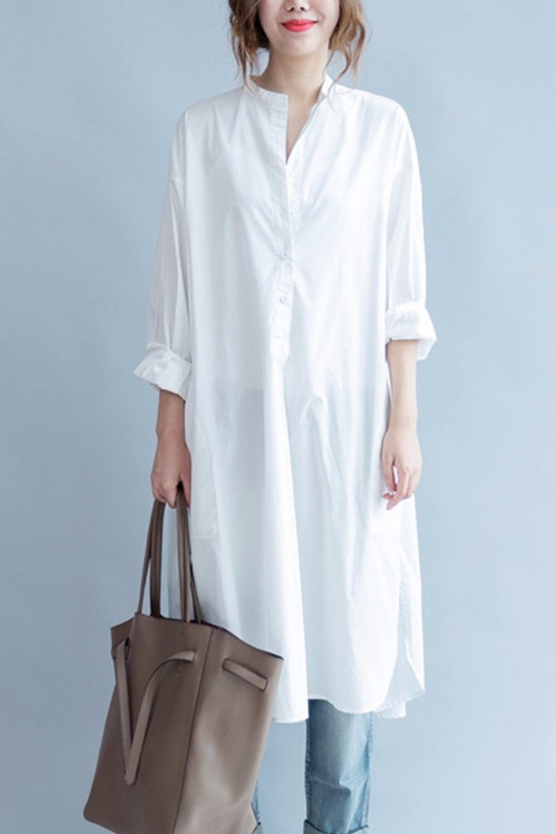 White Fashion Pure Color Cotton Long Shirt Dresses Q3101A | FantasyLinen