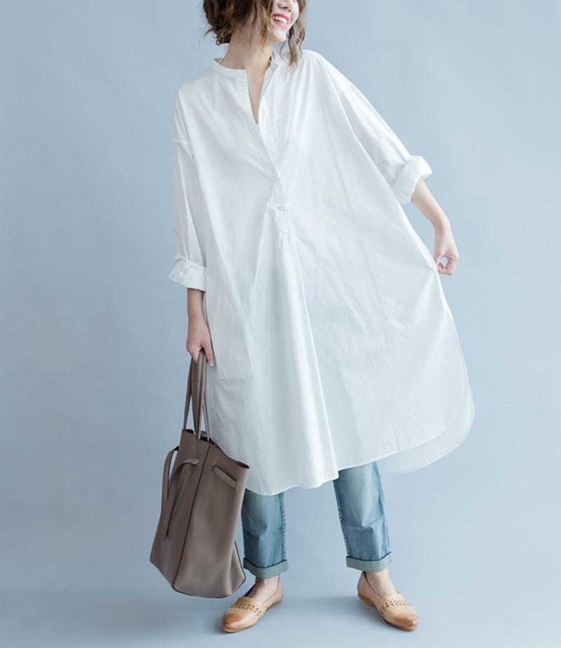 White Fashion Pure Color Cotton Long Shirt Dresses Q3101A– FantasyLinen