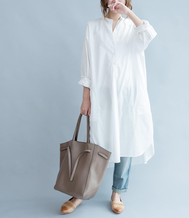 White Fashion Pure Color Cotton Long Shirt Dresses Q3101A– FantasyLinen