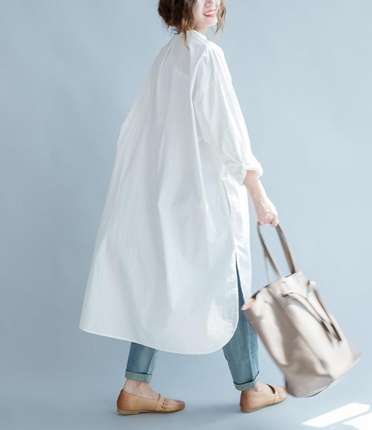 White Fashion Pure Color Cotton Long Shirt Dresses Q3101A– FantasyLinen