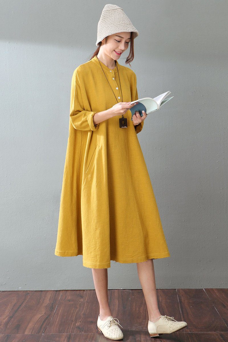 Spring Yellow Casual Cotton Linen  Dresses  Long  Sleeve  