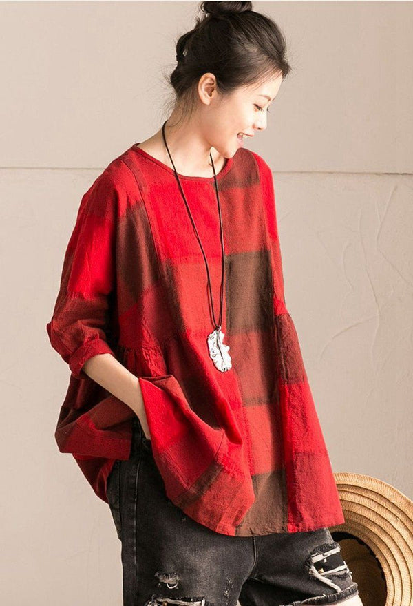 Red Grid Lovely Sweet Casual Loose Linen Shirt Women Tops C9737B ...