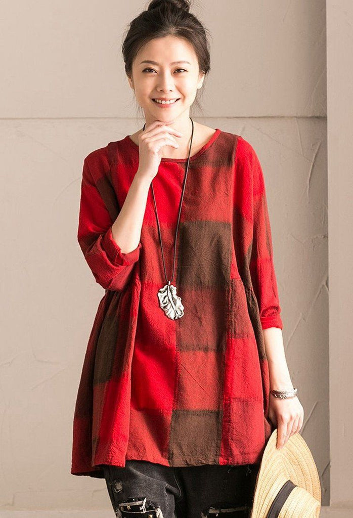 Red Grid Lovely Sweet Casual Loose Linen Shirt Women Tops C9737B ...