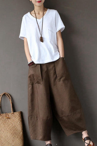 pants linen cotton loose clothes casual coffee ankle length