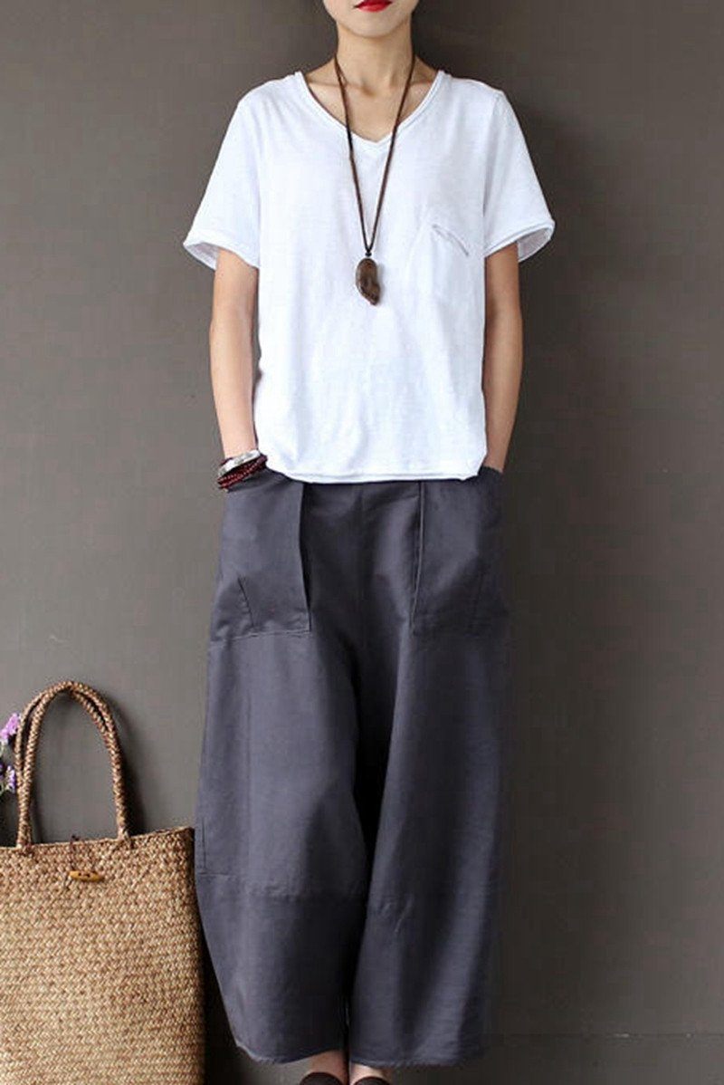Gray Loose Cotton Linen Casual Ankle Length Pants Women Clothes P1203 ...
