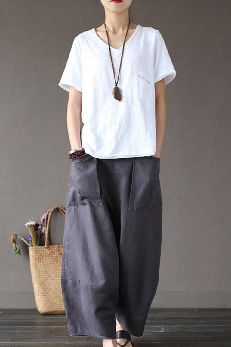 Gray Loose Cotton Linen Casual Ankle Length Pants Women Clothes P1203 ...